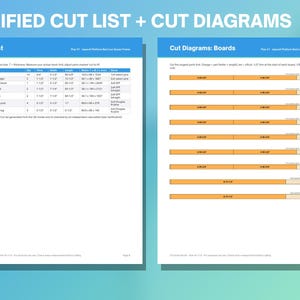 May include: A document titled VERIFIED CUT LIST + CUT DIAGRAMS featuring a table of wood parts with imperial measurements and a series of orange horizontal bars representing board cut diagrams for a platform bed frame project.