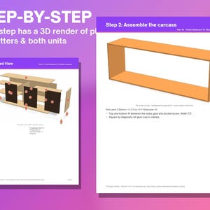 May include: A digital document titled STEP-BY-STEP showing furniture assembly instructions. It features an exploded view diagram with labelled parts and a 3D render of a 72-inch wide sideboard carcass with assembly text.
