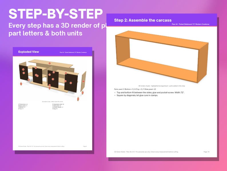 May include: A digital document titled STEP-BY-STEP showing furniture assembly instructions. It features an exploded view diagram with labelled parts and a 3D render of a 72-inch wide sideboard carcass with assembly text.
