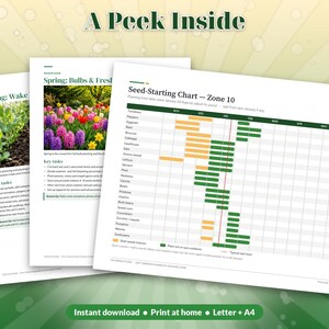 Pode incluir: Tr&ecirc;s p&aacute;ginas de um planejador de jardim com o texto A Peek Inside. As p&aacute;ginas incluem uma tabela de semeadura para a zona 10 com barras amarelas e verdes, um guia para bulbos de primavera e um guia de plantio com fotos de flores e plantas.