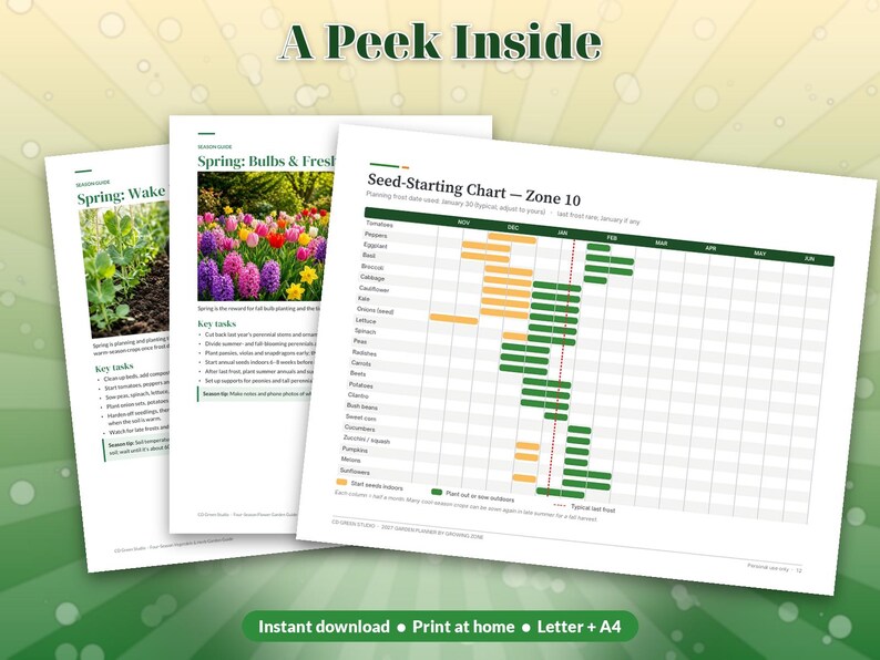 Pode incluir: Tr&ecirc;s p&aacute;ginas de um planejador de jardim com o texto A Peek Inside. As p&aacute;ginas incluem uma tabela de semeadura para a zona 10 com barras amarelas e verdes, um guia para bulbos de primavera e um guia de plantio com fotos de flores e plantas.