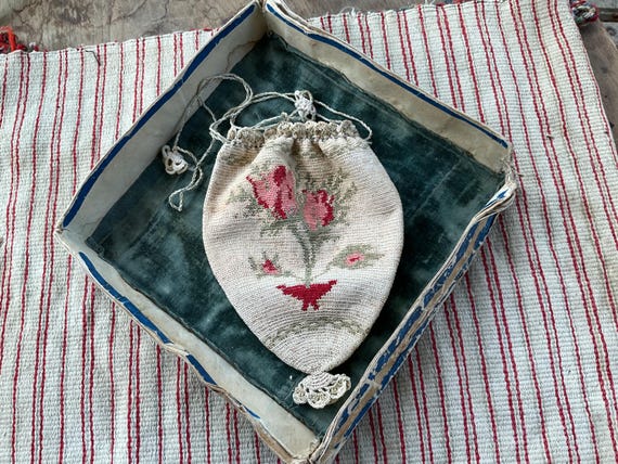 antique authentic unique drawstring bag with need… - image 1