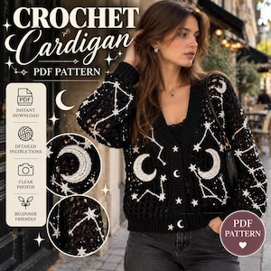 Black Celestial Crochet Cardigan Pattern PDF, Moon Star Gothic Witchy Sweater (Digital Download)