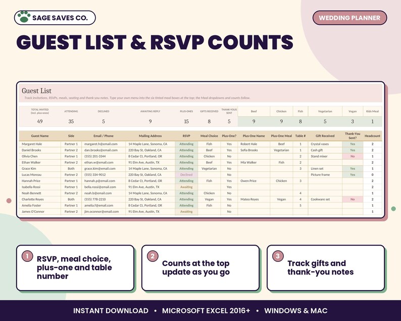 Wedding Planner Spreadsheet Excel, Wedding Budget Tracker, Guest List ...