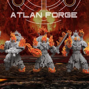 May include: Five grey miniature warrior figures with skeletal chest armor and flaming heads, shoulders, and feet. Each figure holds a weapon, including swords and guns. The text ATLAN FORGE is displayed in white above the figures.