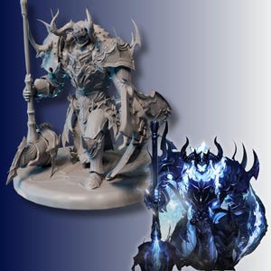 May include: A gray resin miniature figure of a horned warrior in ornate plate armor, holding a large mace and shield, displayed alongside a vibrant digital illustration of the same character featuring glowing blue energy effects.