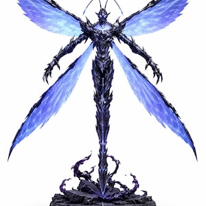 May include: A dark, insectoid humanoid figurine with four translucent, glowing blue wings. The figure features sharp, armored plating in shades of black and deep purple, standing atop a rocky, circular base with swirling dark energy effects.