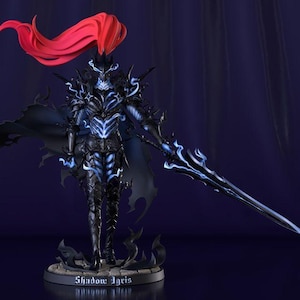 May include: A detailed figurine of a knight in black armor with glowing blue energy accents, a long red plume, and a dark cape. The knight holds a long, sharp sword with blue energy details. The base is circular with the text Shadow Igris.