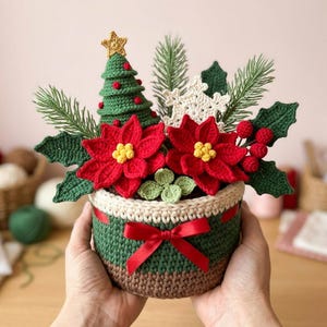 Crochet Poinsettia Pattern, Christmas Flower Pot Basket with Mini Tree and Snowflake, Festive Handmade Table Centerpiece Digital Guide