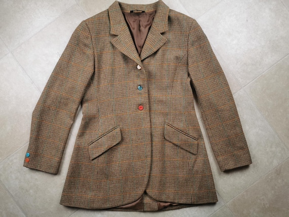 Laura Ashley, Rare Vintage 1980s Laura Ashley Tweed Blazer Jacket | Made in Great Britain | 100% Pure New Wool Overcheck Country Hacking Jacket | Size UK