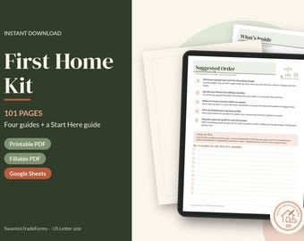 May include: A digital First Home Kit with 101 pages, including four guides and a Start Here guide. The document features a Suggested Order page with a checklist and a section for a plan for the first few months, presented on a tablet screen.