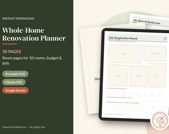 May include: A digital Whole-Home Renovation Planner displayed on a tablet screen, featuring an Our Inspiration Board template with blank sections for images, colour circles, and lines for notes, alongside text for 30 pages and room planning.