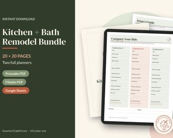 May include: A digital Kitchen + Bath Remodel Bundle featuring two planners with 20 pages each. The tablet screen displays a Compare Your Bids form with columns for Contractor A, B, and C. Includes printable PDF, fillable PDF, and Google Sheets options.