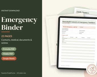 May include: An Emergency Binder digital template with 25 pages for contacts, medical, and documents. The screen displays a Household Contacts & Emergency Numbers form with fields for local numbers and people to call. Includes PDF and Google Sheets.