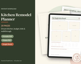 May include: A digital kitchen remodel planner displayed on a tablet screen, featuring an inspiration board template with sections for images and notes. The text includes Kitchen Remodel Planner, 20 Pages, Printable PDF, Fillable PDF, and Google Sheets.