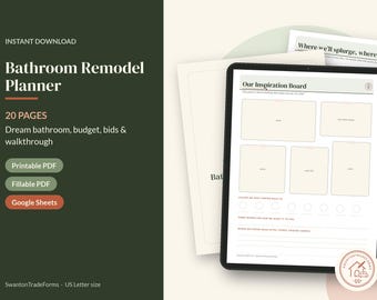 May include: A digital Bathroom Remodel Planner with 20 pages, including sections for budget, bids, and a walkthrough. The display shows an Inspiration Board page with placeholders for images and text, available as a printable PDF, fillable PDF, and Google Sheets.