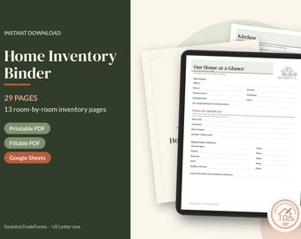 May include: A digital home inventory binder template displayed on a tablet screen, featuring a form titled Our Home at a Glance with sections for address, purchase details, utility shutoffs, and important contacts in a clean layout.