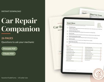 May include: A 26-page Car Repair Companion digital document set featuring a dark green cover page with white text, and a tablet displaying a Start Here page with a numbered checklist and a table of contents for vehicle maintenance tracking.
