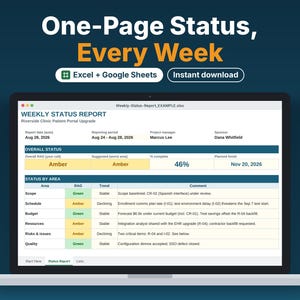 Weekly Status Report Template Excel & Google Sheets, Project Status Report, RAG Status, Executive Summary, One Page Progress Report