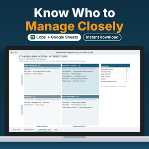 Vorlage für eine Stakeholder-Map, Stakeholder-Register und Macht-Interessen-Matrix, Excel- und Google-Tabellen, Stakeholder-Analyse, Kommunikationsplan