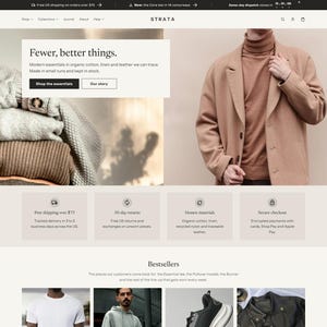 May include: A website homepage for Strata featuring a stack of folded knit sweaters in beige and cream, and a person wearing a tan turtleneck sweater and a matching tan coat. The text reads Fewer, better things, Shop the essentials, and Our story.