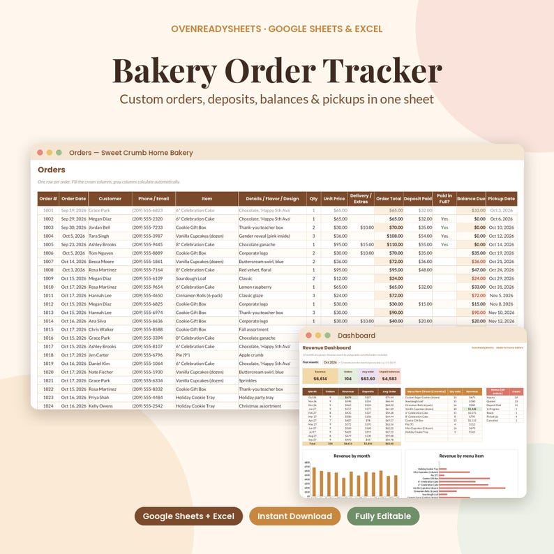 Bakery Order Tracker Spreadsheet, Home Bakery Custom Order Log, Deposit ...
