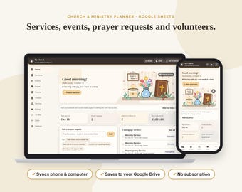 May include: A digital church and ministry planner for Google Sheets displayed on a laptop and smartphone. The interface features sections for services, events, prayer requests, and volunteers with a beige and dark brown color scheme.