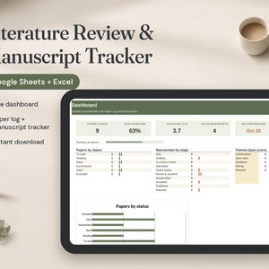 Literatuuronderzoek & manuscripttracker | Google Sheets + Excel-sjabloon | Onderzoekslogboek + tracker voor tijdschriftinzendingen voor masterstudenten