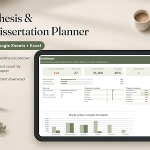 May include: A digital Thesis & Dissertation Planner for Google Sheets and Excel displayed on a tablet screen. The dashboard shows metrics including days to submission, word count, chapter progress, and a bar chart of words written by chapter.