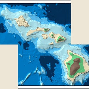 May include: A bathymetric map of the Hawaiian Islands showing the underwater topography and land masses. The islands are rendered in shades of tan and green, surrounded by varying depths of blue ocean water, illustrating the seafloor terrain.