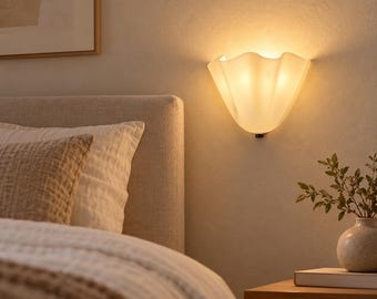 Mid Century Modern Cream Scalloped Brass Wall Sconce | Vintage Bedside Lamp | Bathroom Vanity Light | Plug In Wall Sconce