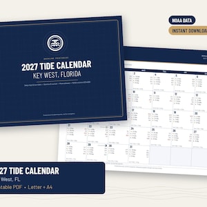 Könnte beinhalten: Ein Gezeitenkalender für 2027 für Key West, Florida, mit einem dunkelblauen Einband, weißem Text und einem kreisförmigen Logo. Die Innenseiten zeigen ein Monatsraster mit täglichen Gezeitendaten, Mondphasen sowie Sonnenauf- und untergangszeiten.