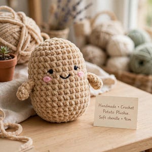 May include: A beige crochet potato plushie made of soft chenille yarn with a smiling face, black eyes, and pink cheeks. A small card next to it reads: Handmade • Crochet Potato Plushie. Soft chenille • 9cm. The plushie has two small arms.