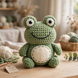 May include: A plush crochet frog toy made of soft green yarn with a white belly patch, large white eyes with black pupils, and a stitched black smile. The toy features a textured, fuzzy appearance and is seated upright on a flat surface.