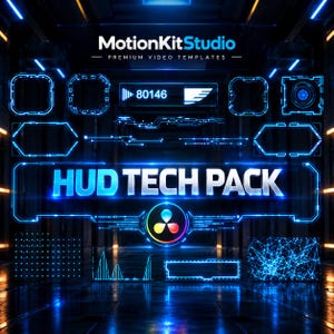 May include: A digital collection of blue glowing HUD tech pack elements featuring various geometric frames, data bars, line graphs, and a central circular icon. The text reads MotionKitStudio PREMIUM VIDEO TEMPLATES and HUD TECH PACK.