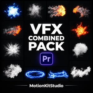 Puede incluir: Una colección digital titulada VFX COMBINED PACK que incluye el logotipo de Adobe Premiere Pro y la marca MotionKitStudio. La cuadrícula muestra varios efectos visuales, incluyendo chispas eléctricas azules, nubes de humo blancas y ráfagas de fuego naranja.