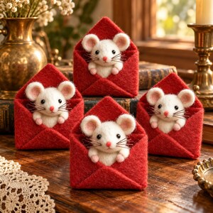 Felt Mouse Figurine in Red Envelope, Cute Mouse Decor, Valentine Gift, Whimsical Animal Art
