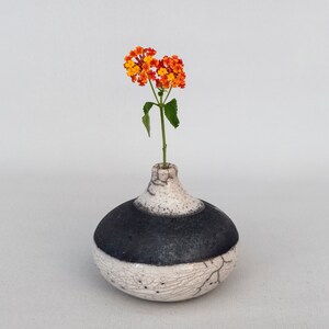 One of a kind Raku fired White Crackled Black smoked Minimal Home Decor. Single Flower Vase Handmade Ceramic Stoneware Wheel Thrown