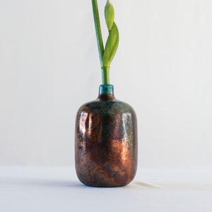 Single Flower Vase, Handmade Ceramic, Raku Fired, Bronze Black, Turquoise Blue, Smoked Crackled, Fine Art Home Decor, One of a kind. image 9