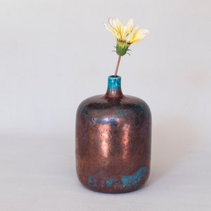Handmade Ceramic, Flower Vase, Raku Fired, Bronze Black, Turquoise Blue, Smoked Crackled, Single Flower, Stoneware Vessel, One of a kind.
