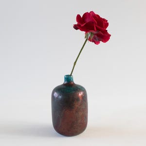 Single Flower Vase, Handmade Ceramic, Raku Fired, Bronze Black, Turquoise Blue, Smoked Crackled, Fine Art Home Decor, One of a kind.