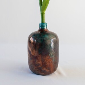 Single Flower Vase, Handmade Ceramic, Raku Fired, Bronze Black, Turquoise Blue, Smoked Crackled, Fine Art Home Decor, One of a kind. image 2