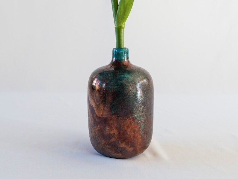 Single Flower Vase, Handmade Ceramic, Raku Fired, Bronze Black, Turquoise Blue, Smoked Crackled, Fine Art Home Decor, One of a kind. image 2