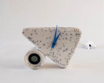 Raku Desk Clock, Statement Clock, Ceramic Handmade, Antique White, Crackled Smoked, One Of A Kind, Elegant Art Gift, Fine Art Home Decor.