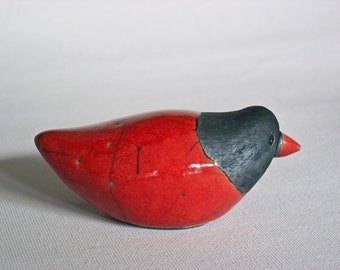 Bird Sculptured, Red Black, Ceramic Handmade, Raku Fired, Small Bird, One Of A Kind, Fine Art Home Decor, Elegant Art Gift (red.4).