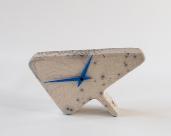 Desk Clock, Ceramic Handmade, Antique White, Crackled Smoked, Raku Fired, Table Clock, One Of A Kind, Elegant Art Gift, Fine Art Home Decor.