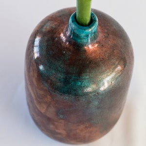 Single Flower Vase, Handmade Ceramic, Raku Fired, Bronze Black, Turquoise Blue, Smoked Crackled, Fine Art Home Decor, One of a kind. image 7