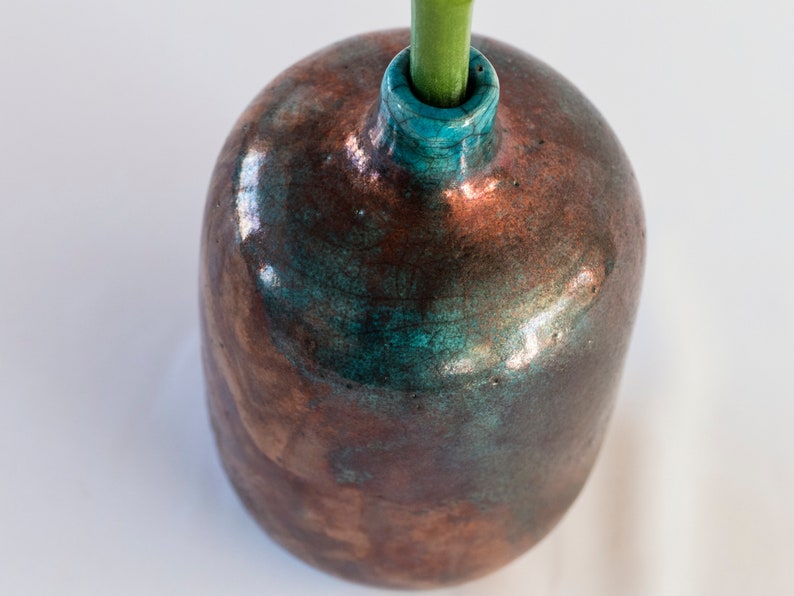 Single Flower Vase, Handmade Ceramic, Raku Fired, Bronze Black, Turquoise Blue, Smoked Crackled, Fine Art Home Decor, One of a kind. image 7