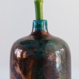 Single Flower Vase, Handmade Ceramic, Raku Fired, Bronze Black, Turquoise Blue, Smoked Crackled, Fine Art Home Decor, One of a kind. image 5