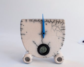 Statement Clock, Ceramic Handmade, Antique White Crackled, Black Smoked, Raku Desk Clock, One Of A Kind, Elegant Gift, Fine Art Home Decor.